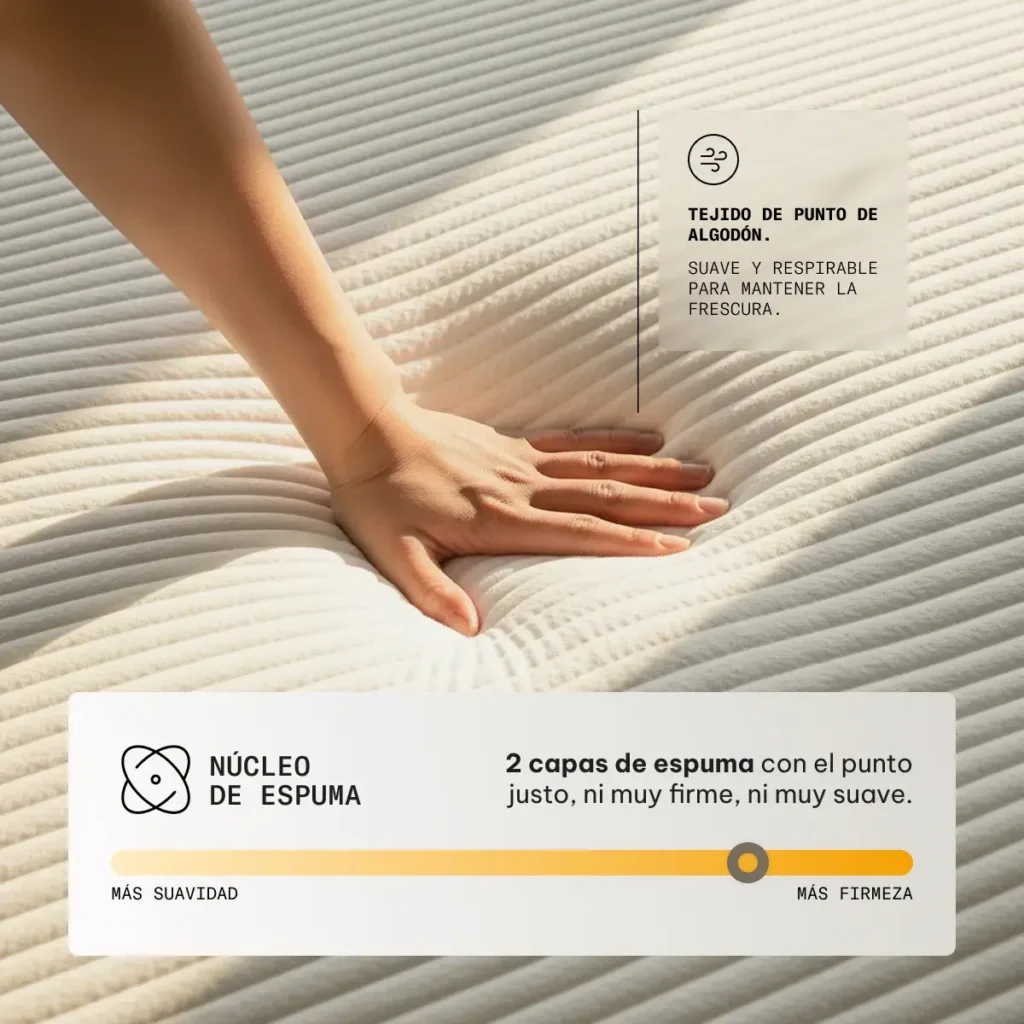 Colchón Calm de 2 plazas 140x190 abierto sobre una base de cama mostrando su altura de 20cm.