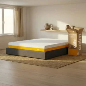 Colchón Calm de 2 plazas 140x190 abierto sobre una base de cama mostrando su altura de 20cm.