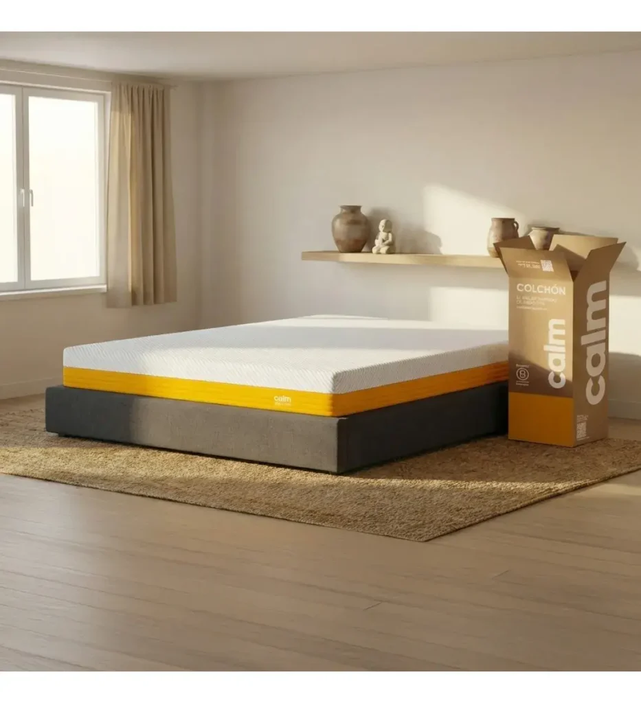 Colchón Calm de 2 plazas 140x190 abierto sobre una base de cama mostrando su altura de 20cm.
