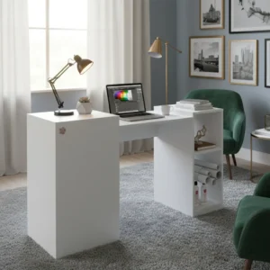 Mesa PC extensible blanca de Muebles Para Estética mostrando sus ruedas, estantes y conectores USB.
