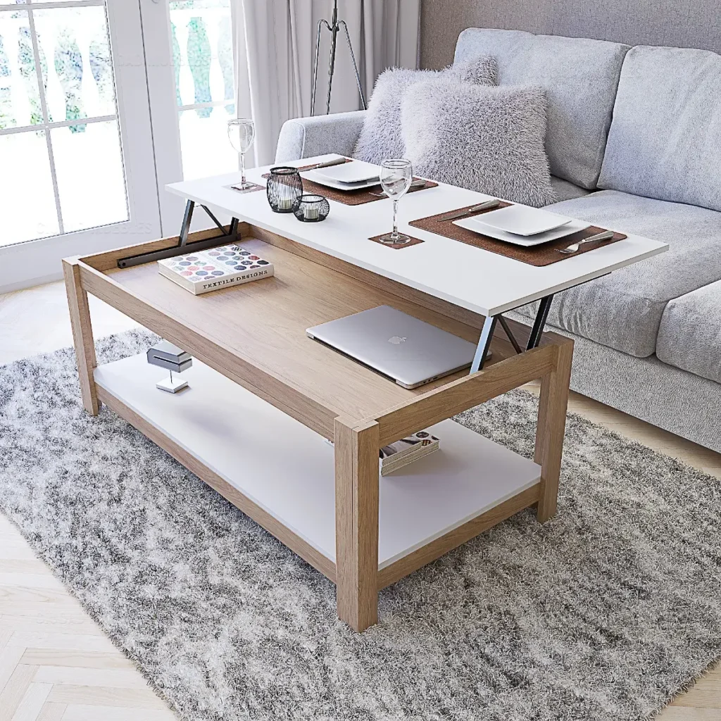 Mesa ratona elevable de Ciudad Muebles en melamina blanca y madera mostrando el estante de guardado oculto.