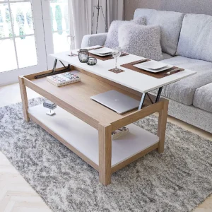 Mesa ratona elevable de Ciudad Muebles en melamina blanca y madera mostrando el estante de guardado oculto.