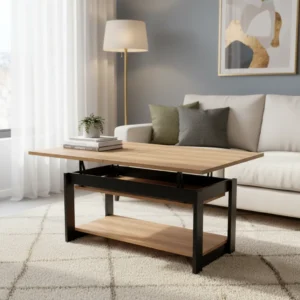 Mesa ratona inteligente de melamina abierta y extendida como mesa de comedor para 4 personas.