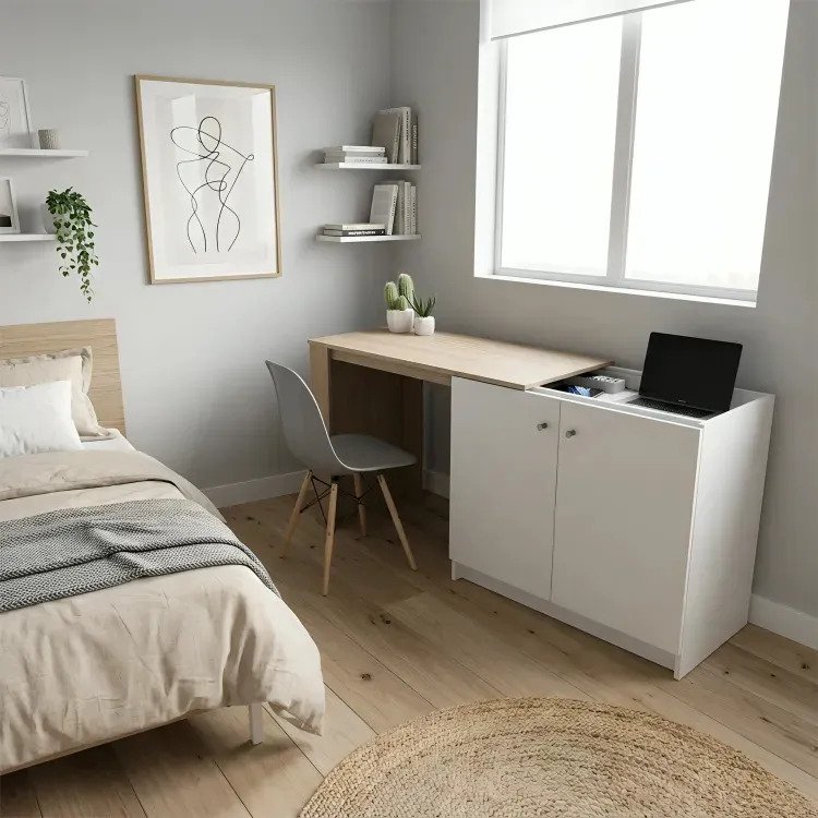 Escritorio Extensible Plegable C/armario 2ptas Moderno Hogar Color OLMO FINLANDES CON BLANCO EVERETS