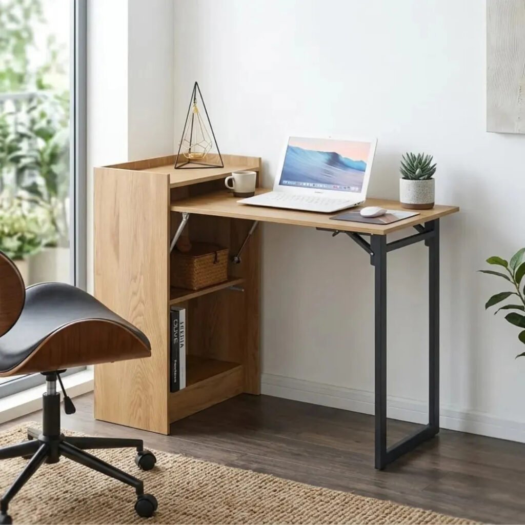 Escritorio Jazak Plegable Industrial con Estantería y Puerta para Home Office