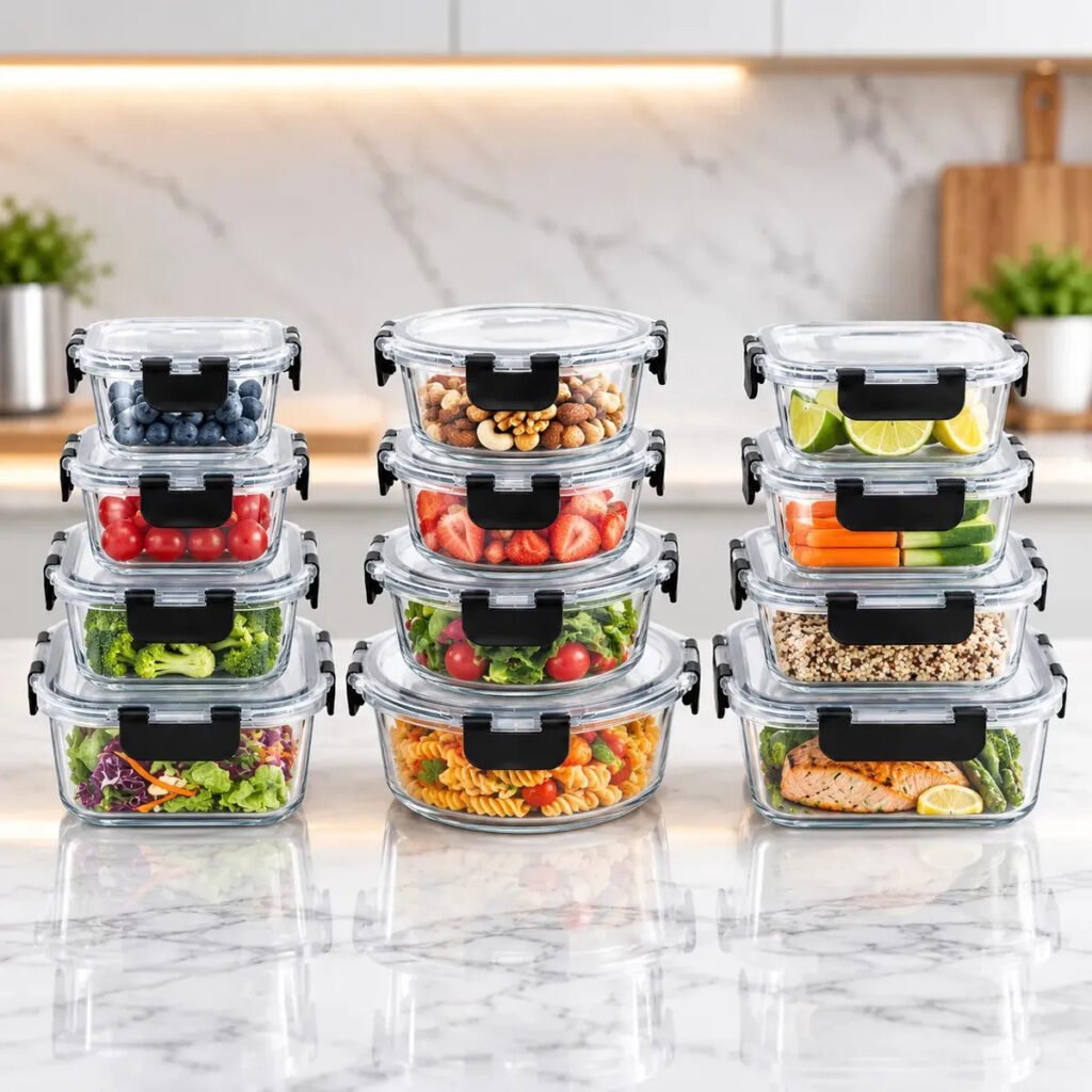 Set X12 Tápers Herméticos De Vidrio Apto Microondas Horno Freezer Heladera Hogar Actual Antiderrames Cuadrados Redondos y Rectangulares