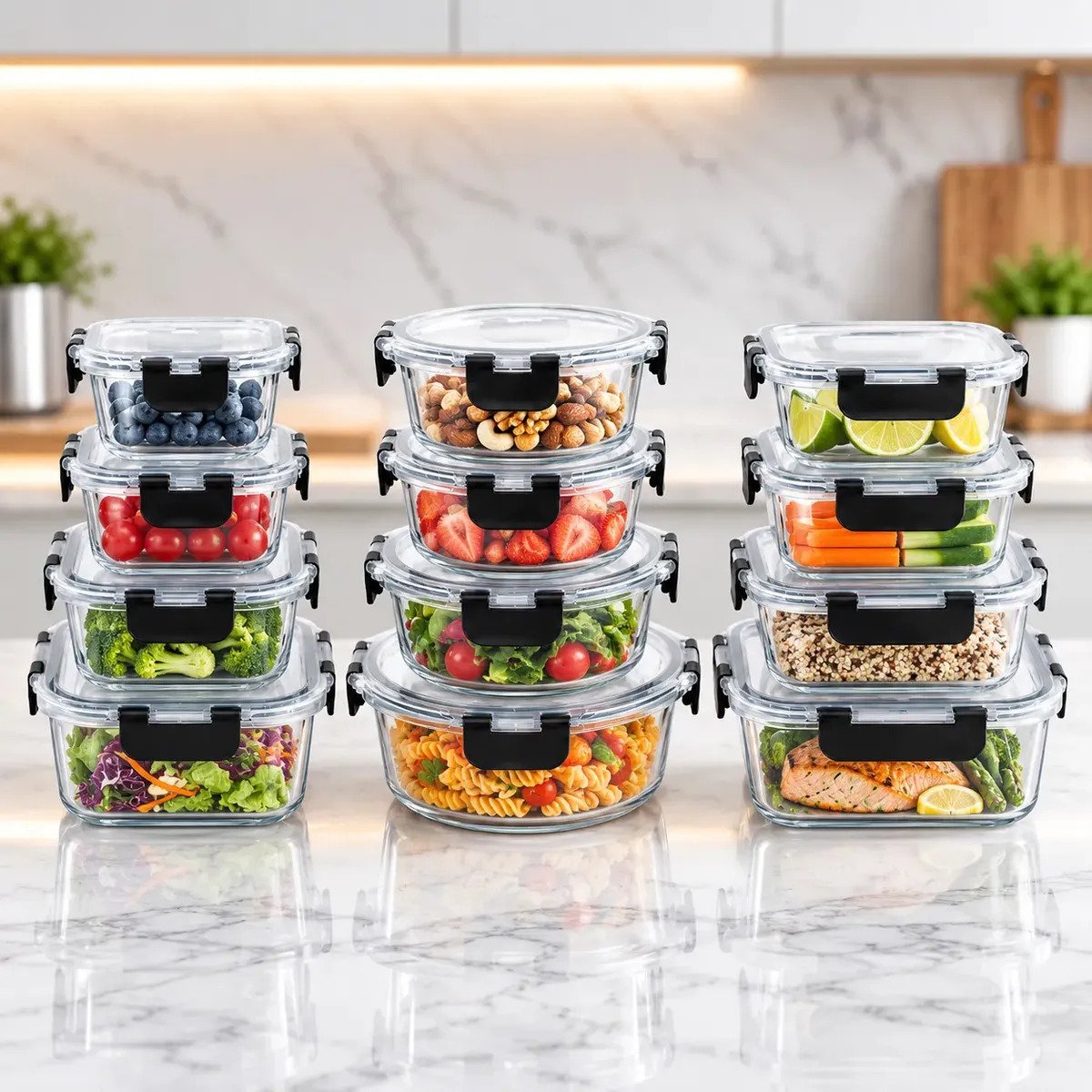 Set X12 Tápers Herméticos De Vidrio Apto Microondas Horno Freezer Heladera Hogar Actual Antiderrames Cuadrados Redondos y Rectangulares